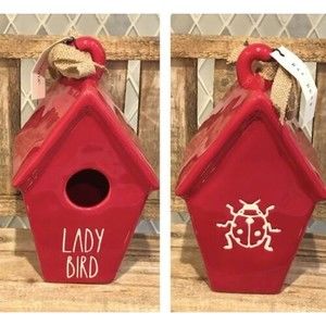 Rae Dunn RED “Lady Bird” Slant Roof BIRDHOUSE with LADYBUG on Back GLOSSY & NEW